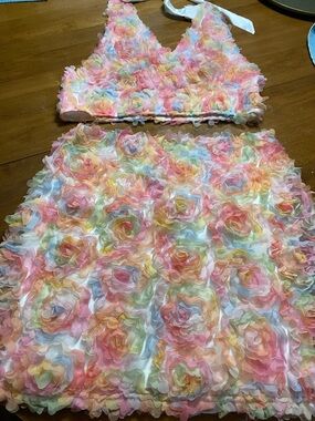 Floral Appliqué Halter Crop Top - Multicolor 2 piece set